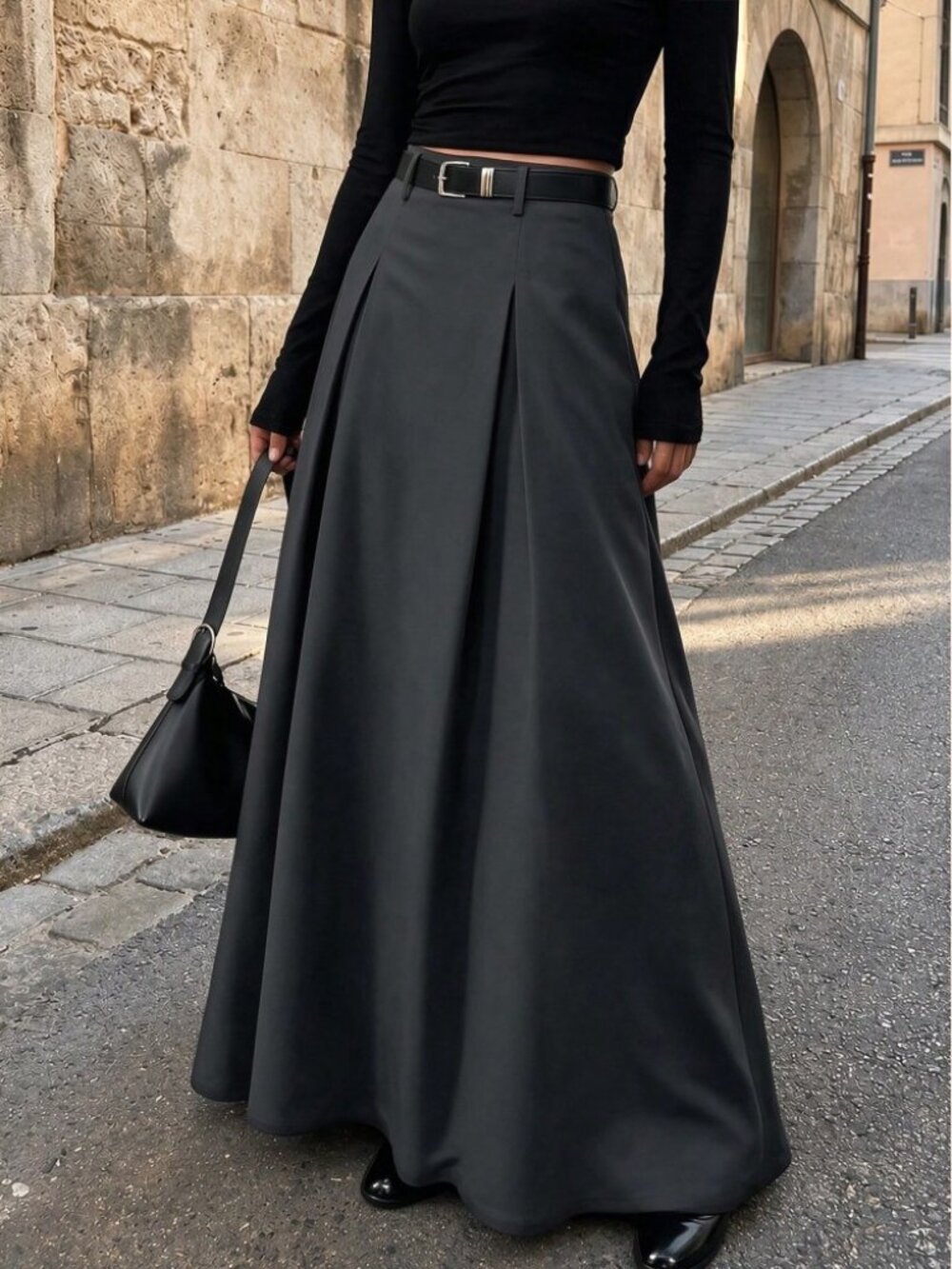 Charcoal Gray Belted A-Line Maxi Skirt with Front Pleats